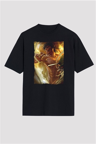 Attack On Titan Baskılı Unisex Siyah Oversize Tişört - Tshirt