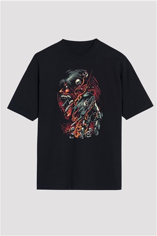 Attack On Titan Baskılı Unisex Siyah Oversize Tişört - Tshirt