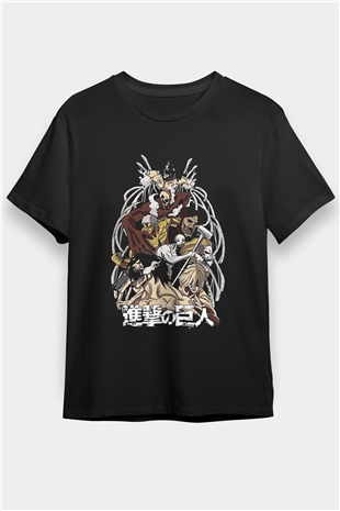 Attack On Titan Baskılı Unisex Siyah Tişört - Tshirt