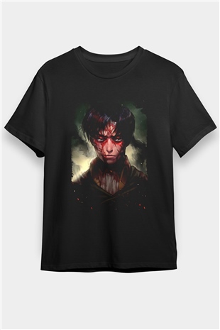 Attack On Titan Baskılı Unisex Siyah Tişört - Tshirt