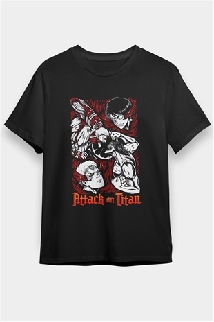 Attack On Titan Baskılı Unisex Siyah Tişört - Tshirt