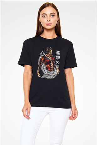 Attack On Titan Baskılı Unisex Siyah Tişört - Tshirt