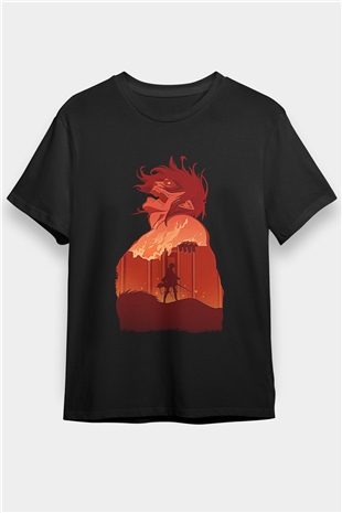Attack On Titan Baskılı Unisex Siyah Tişört - Tshirt