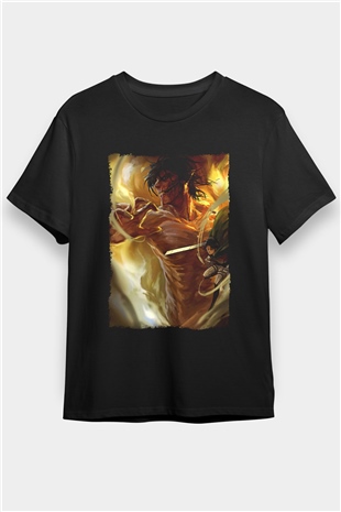 Attack On Titan Baskılı Unisex Siyah Tişört - Tshirt