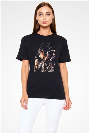 Attack On Titan Baskılı Unisex Siyah Tişört - Tshirt