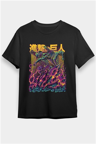 Attack On Titan Baskılı Unisex Siyah Tişört - Tshirt