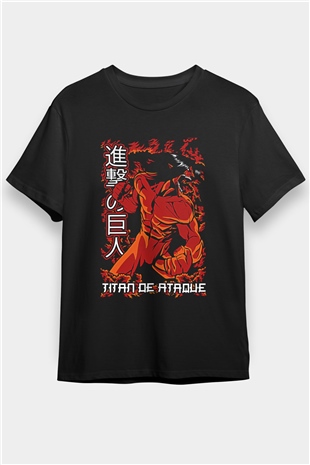 Attack On Titan Baskılı Unisex Siyah Tişört - Tshirt