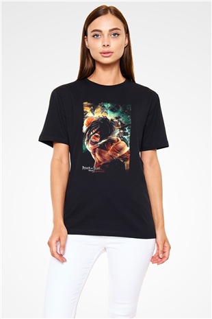 Attack On Titan Baskılı Unisex Siyah Tişört - Tshirt