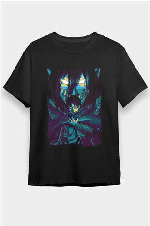 Attack On Titan Baskılı Unisex Siyah Tişört - Tshirt