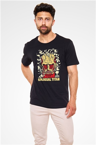 Attack On Titan Baskılı Unisex Siyah Tişört - Tshirt