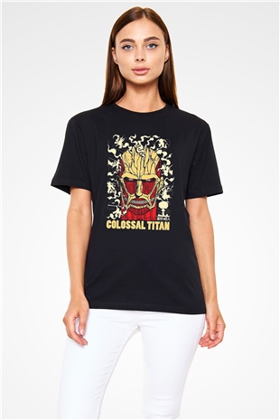 Attack On Titan Baskılı Unisex Siyah Tişört - Tshirt