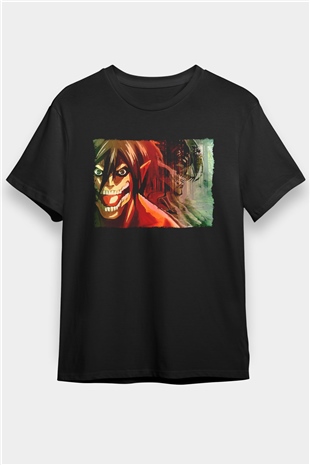 Attack On Titan Baskılı Unisex Siyah Tişört - Tshirt