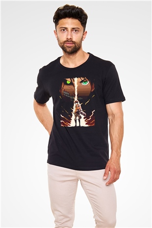Attack On Titan Baskılı Unisex Siyah Tişört - Tshirt