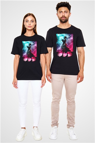 Attack On Titan Baskılı Unisex Siyah Tişört - Tshirt