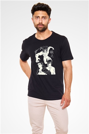 Attack On Titan Baskılı Unisex Siyah Tişört - Tshirt