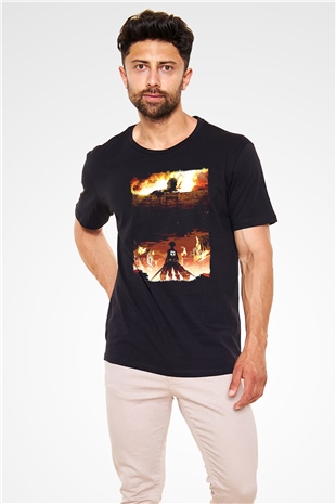 Attack On Titan Baskılı Unisex Siyah Tişört - Tshirt