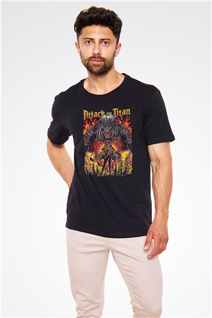 Attack On Titan Baskılı Unisex Siyah Tişört - Tshirt