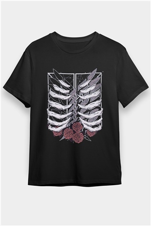 Attack On Titan Baskılı Unisex Siyah Tişört - Tshirt