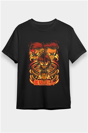 Attack On Titan Baskılı Unisex Siyah Tişört - Tshirt