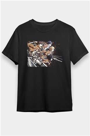 Attack On Titan Baskılı Unisex Siyah Tişört - Tshirt