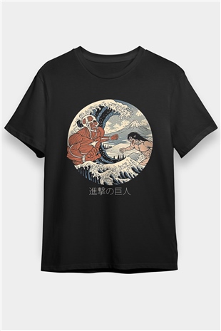 Attack On Titan Baskılı Unisex Siyah Tişört - Tshirt