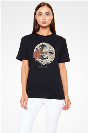 Attack On Titan Baskılı Unisex Siyah Tişört - Tshirt