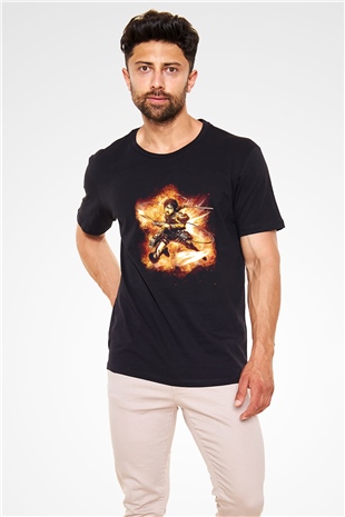 Attack On Titan Baskılı Unisex Siyah Tişört - Tshirt