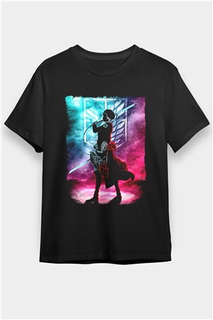 Attack On Titan Baskılı Unisex Siyah Tişört - Tshirt