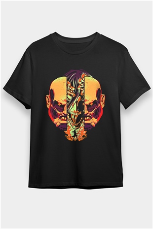 Attack On Titan Baskılı Unisex Siyah Tişört - Tshirt