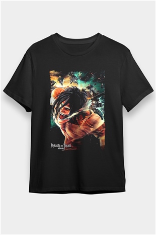 Attack On Titan Baskılı Unisex Siyah Tişört - Tshirt