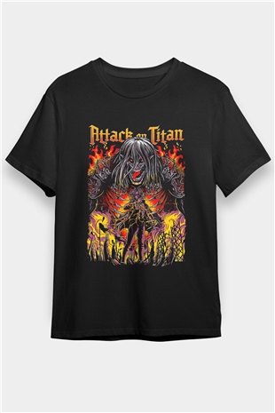 Attack On Titan Baskılı Unisex Siyah Tişört - Tshirt