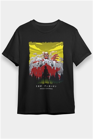 Attack On Titan Baskılı Unisex Siyah Tişört - Tshirt