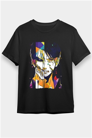 Attack On Titan Baskılı Unisex Siyah Tişört - Tshirt