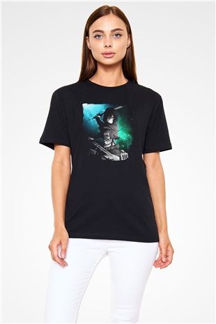 Attack On Titan Baskılı Unisex Siyah Tişört - Tshirt
