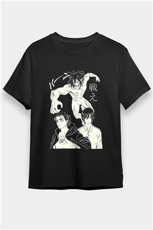 Attack On Titan Baskılı Unisex Siyah Tişört - Tshirt