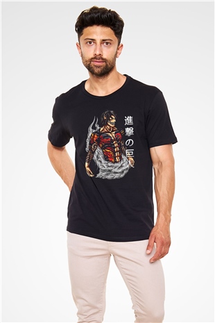 Attack On Titan Baskılı Unisex Siyah Tişört - Tshirt