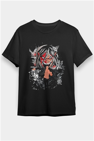 Attack On Titan Baskılı Unisex Siyah Tişört - Tshirt