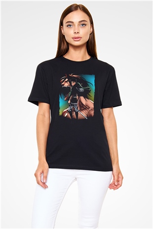 Attack On Titan Baskılı Unisex Siyah Tişört - Tshirt