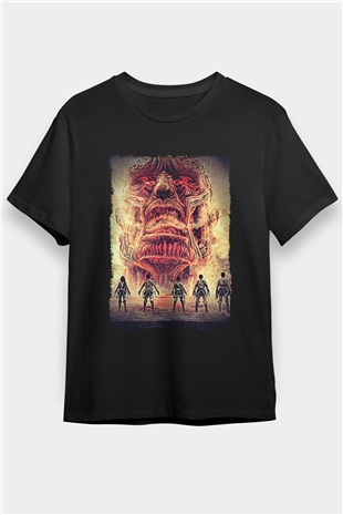 Attack On Titan Baskılı Unisex Siyah Tişört - Tshirt