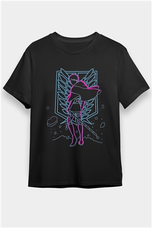 Attack On Titan Baskılı Unisex Siyah Tişört - Tshirt