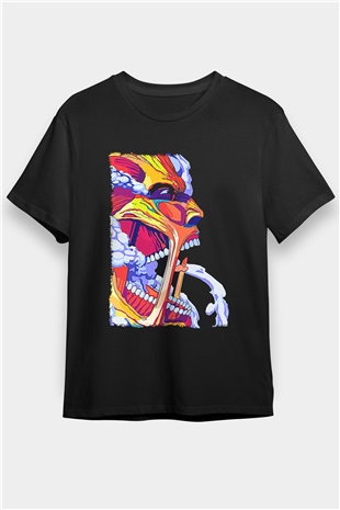 Attack On Titan Baskılı Unisex Siyah Tişört - Tshirt