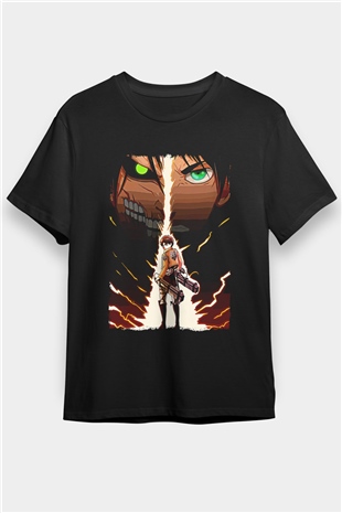 Attack On Titan Baskılı Unisex Siyah Tişört - Tshirt