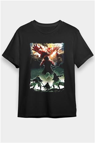 Attack On Titan Baskılı Unisex Siyah Tişört - Tshirt