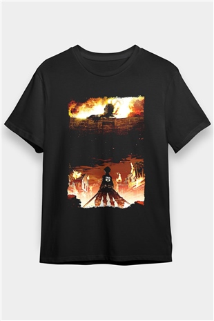 Attack On Titan Baskılı Unisex Siyah Tişört - Tshirt