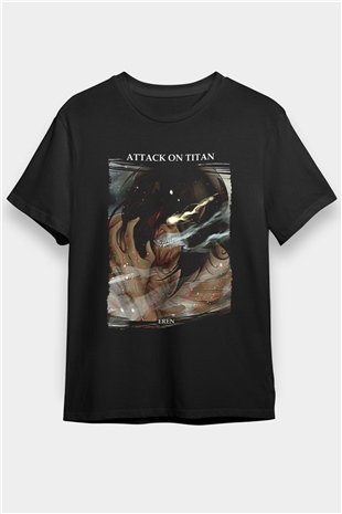 Attack On Titan Baskılı Unisex Siyah Tişört - Tshirt