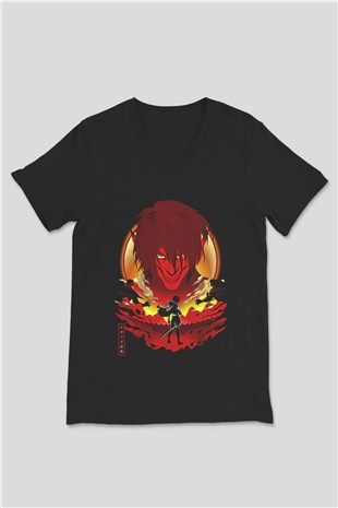 Attack On Titan Baskılı Unisex Siyah V Yaka Tişört - Tshirt