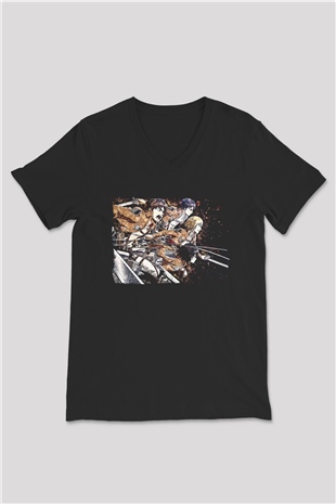 Attack On Titan Baskılı Unisex Siyah V Yaka Tişört - Tshirt