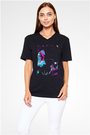Attack On Titan Baskılı Unisex Siyah V Yaka Tişört - Tshirt
