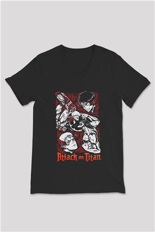 Attack On Titan Baskılı Unisex Siyah V Yaka Tişört - Tshirt