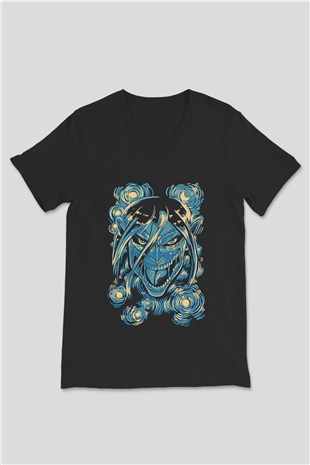 Attack On Titan Baskılı Unisex Siyah V Yaka Tişört - Tshirt